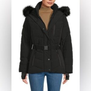 Michael Kors Missy Faux Fur Trim Hooded Jacket black size L NWOT